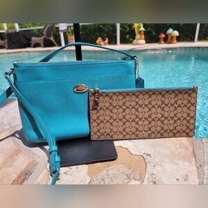 Coach East West Crossbody In Teal With Pop Out Pouch